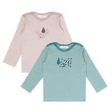 Laden Sie das Bild in den Galerie-Viewer, Luna Baby Longsleeve geringelt mit Tiermotiv Petrol von Sense Organics