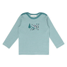 Laden Sie das Bild in den Galerie-Viewer, Luna Baby Longsleeve geringelt mit Tiermotiv Petrol von Sense Organics